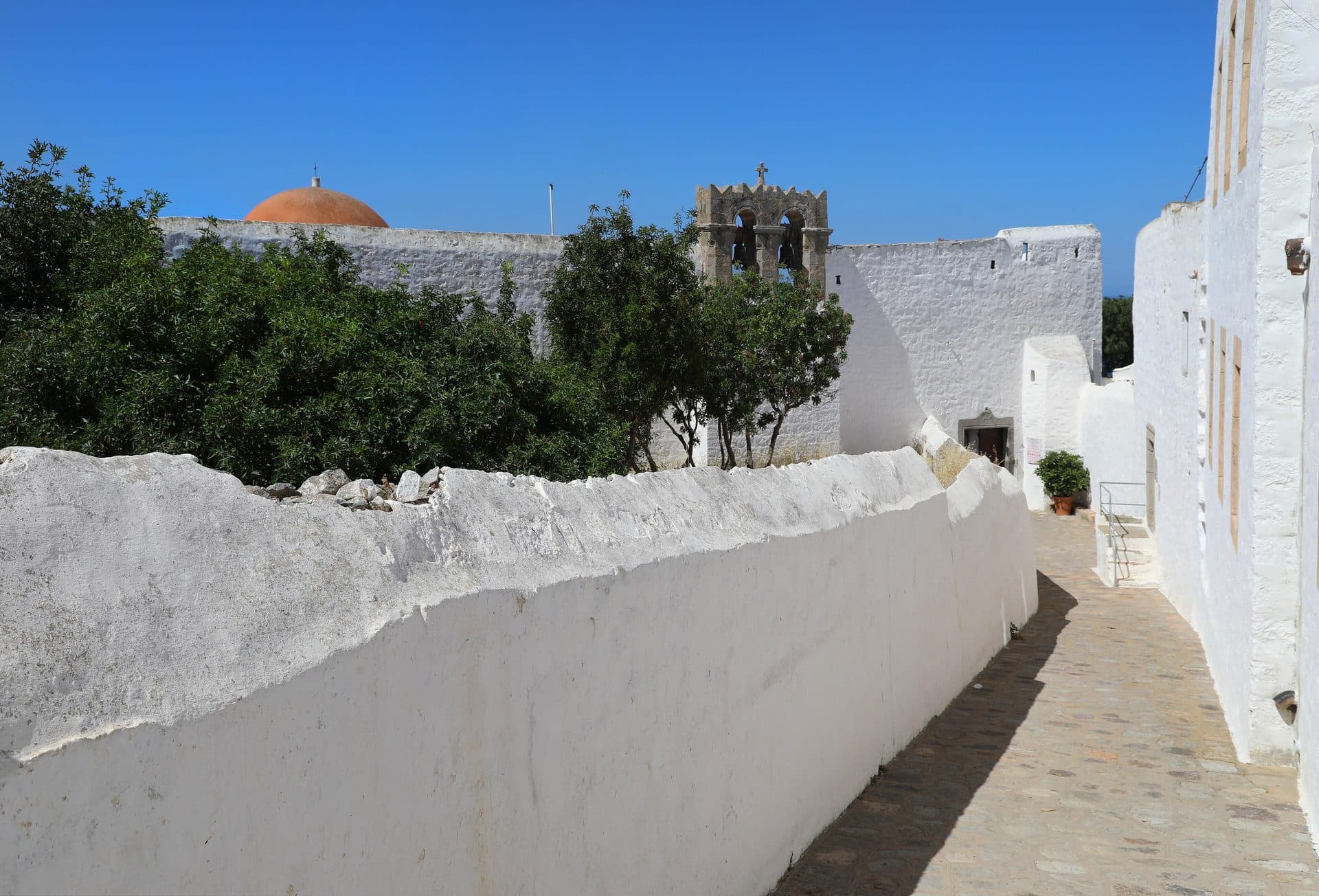 Whitewashed monastery lane in Chora, Patmos