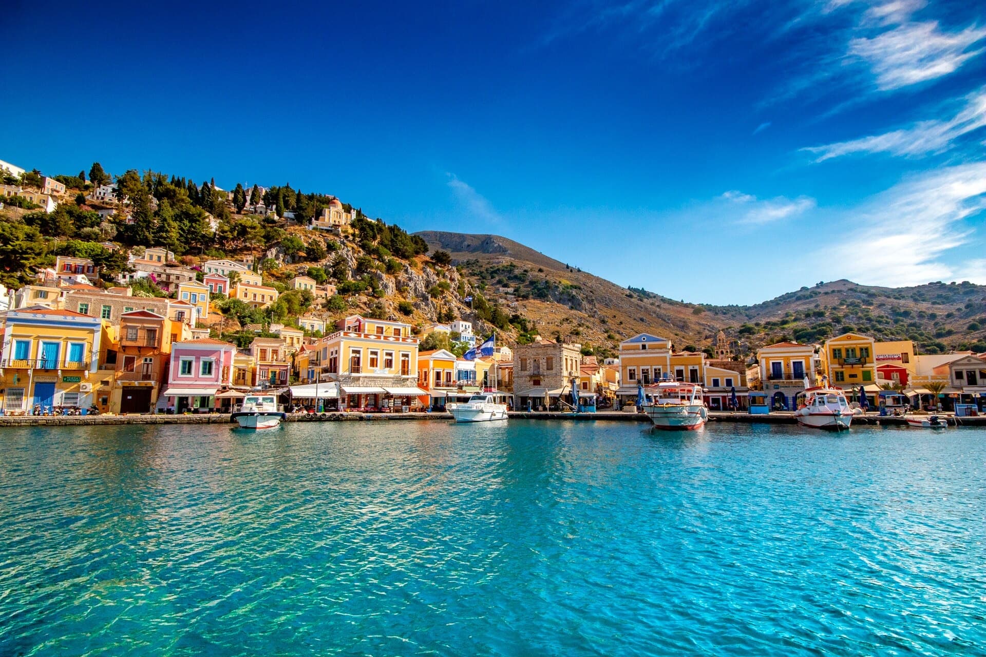 The colourful houses and turquoise harbour of Symi