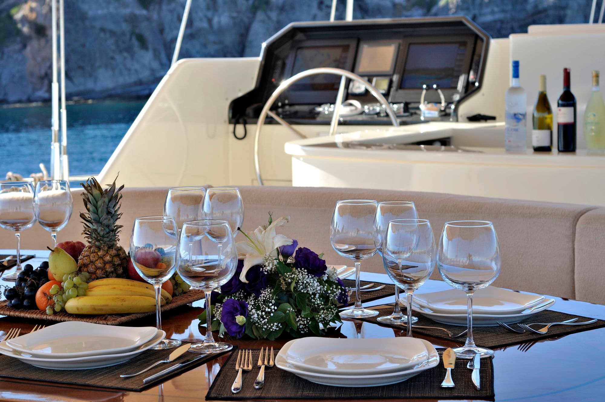 Detail of a table set on the aft deck