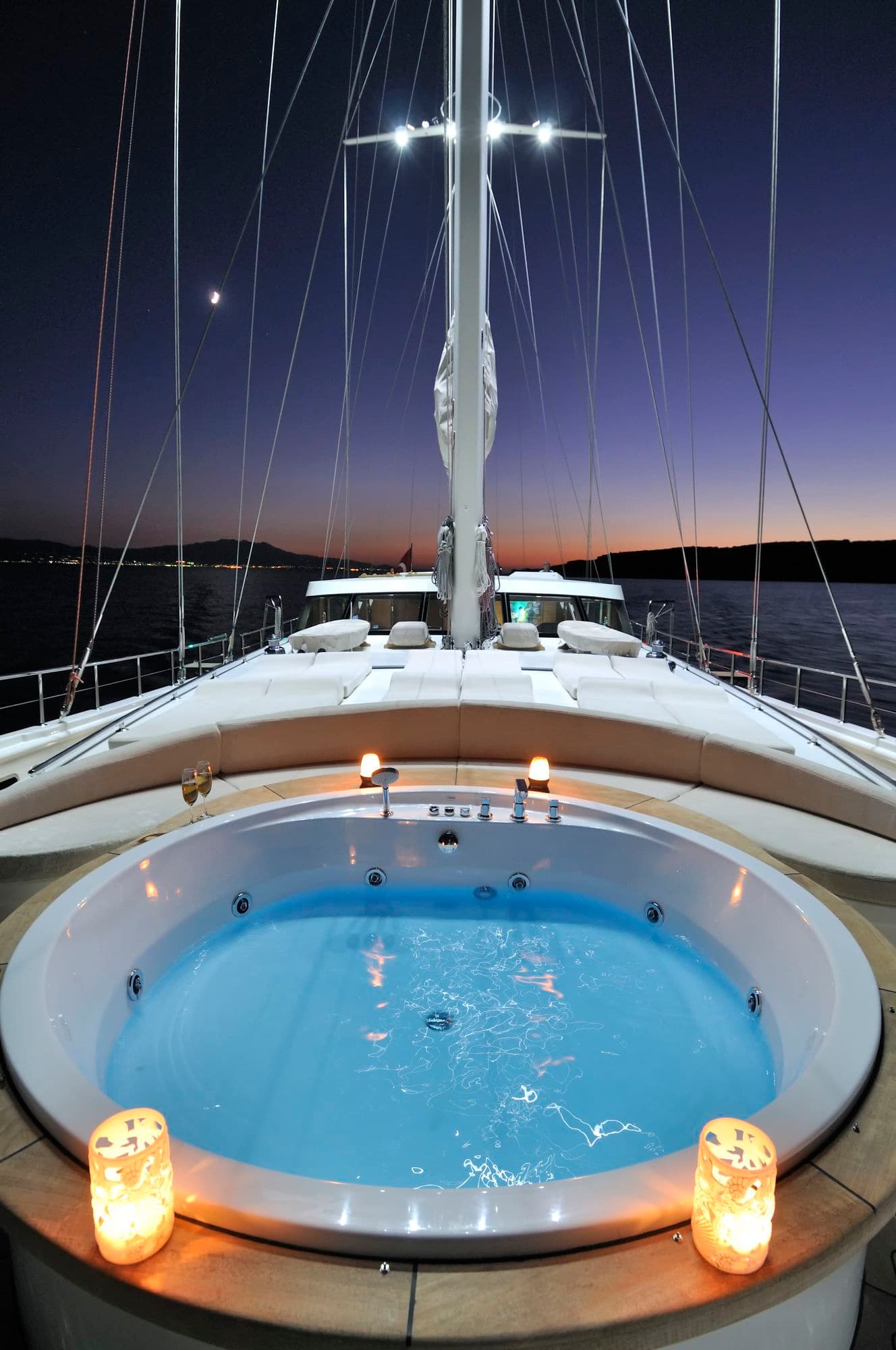 The foredeck jacuzzi at sunset