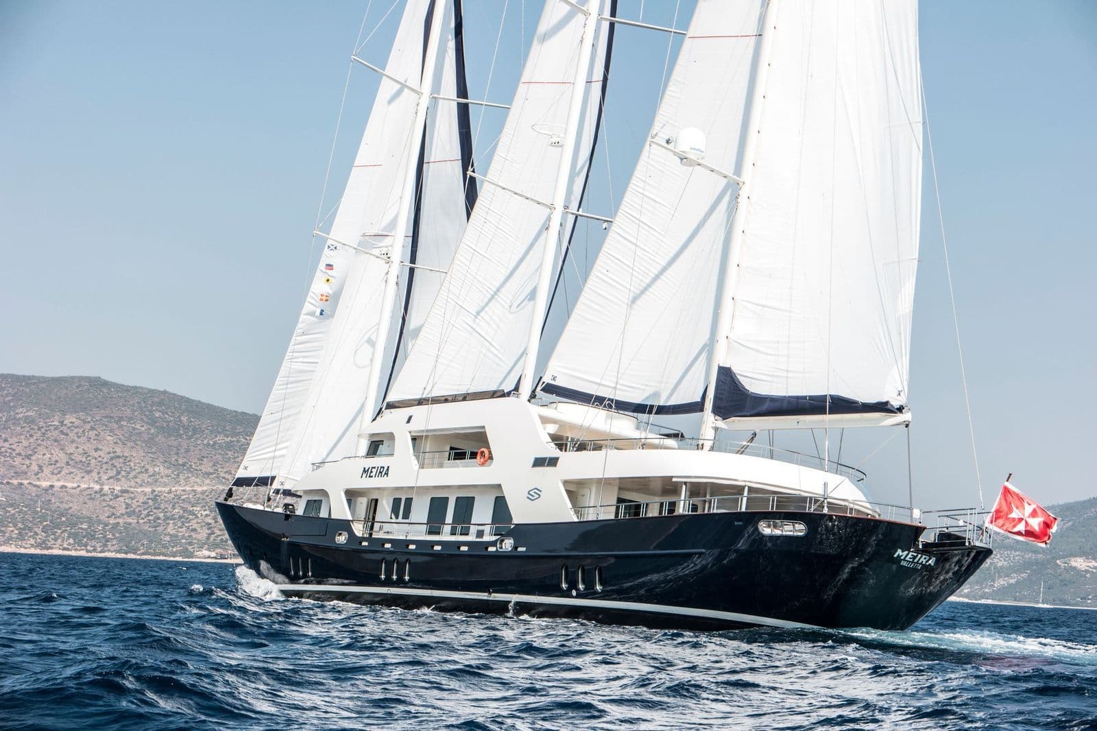 M/S MEIRA seen from the bow with her sails set