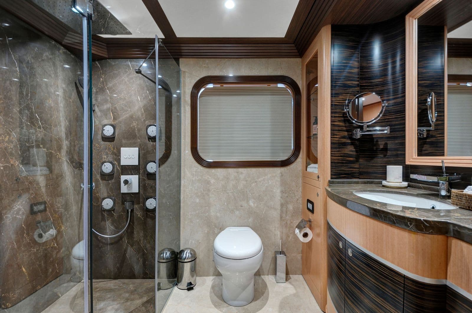 Marble-clad cabin bathroom