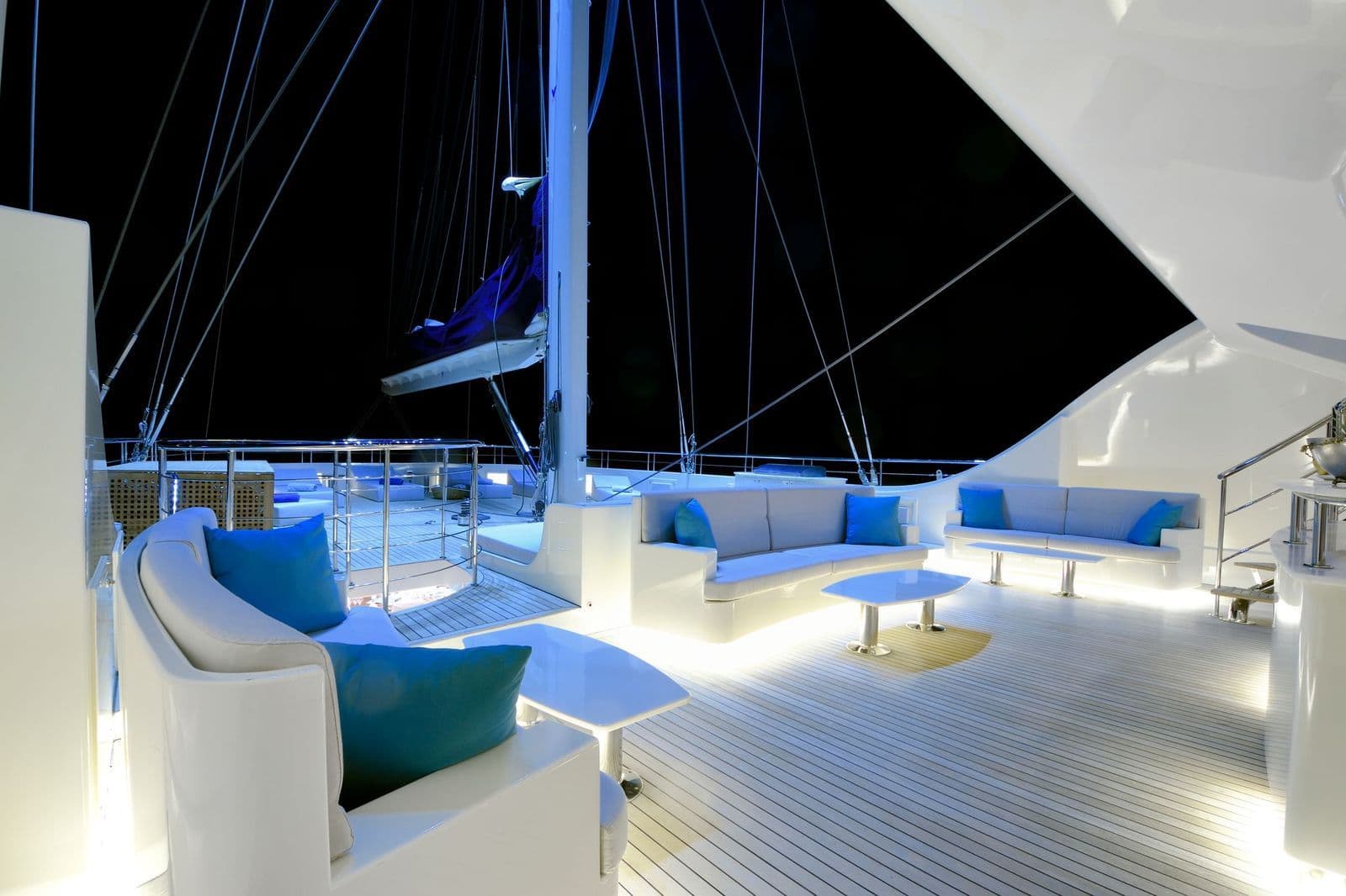Foredeck seating group under the evening lights