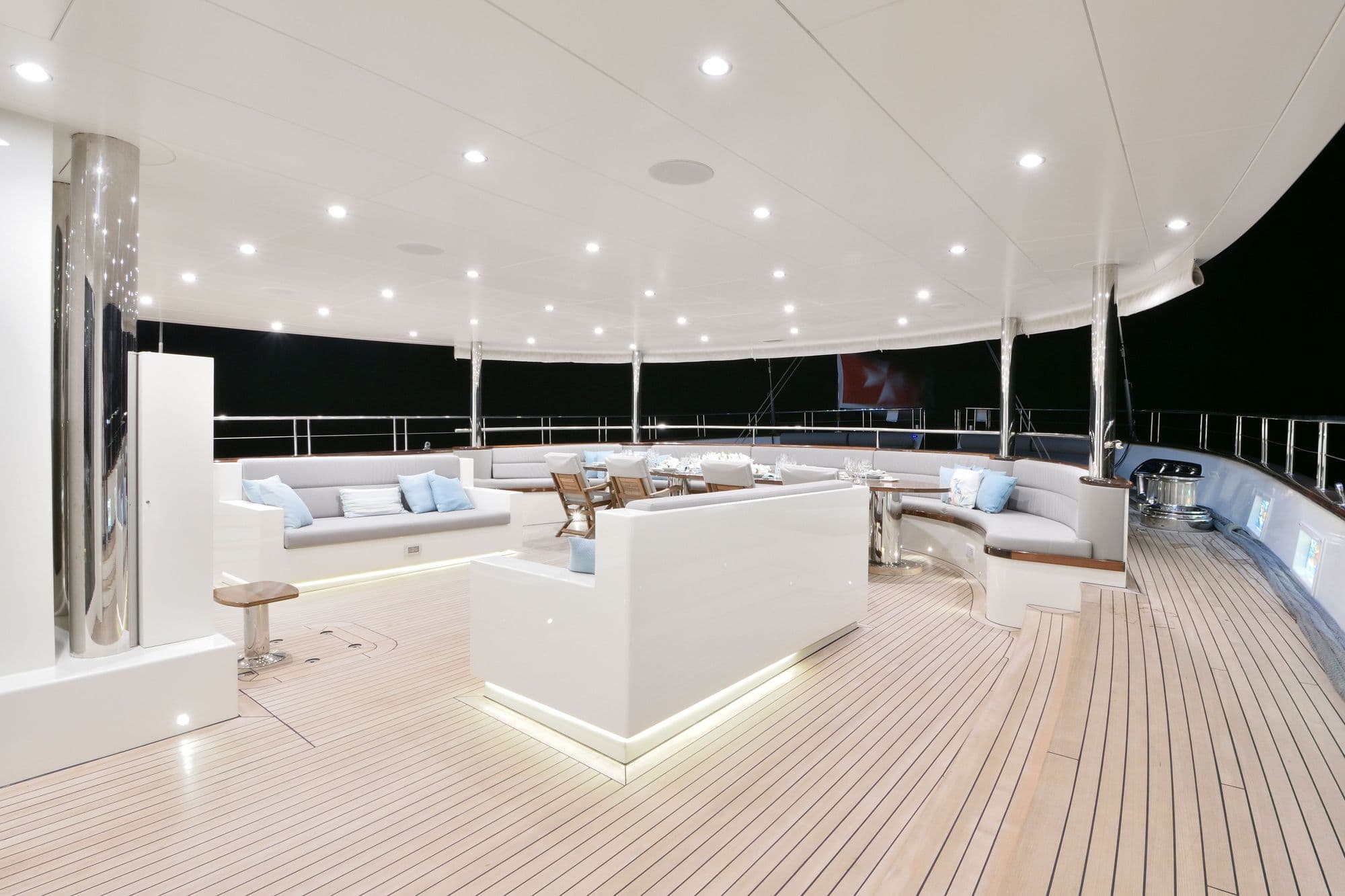 The flybridge deck illuminated at night