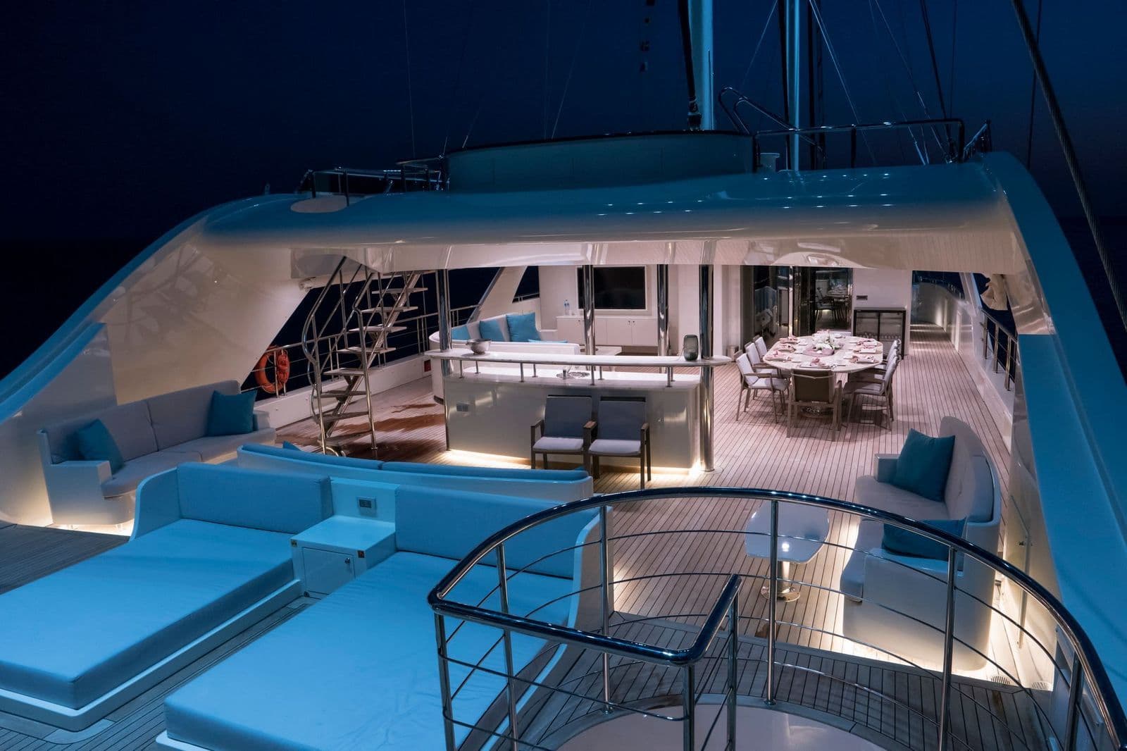 Sun pads on the foredeck by night