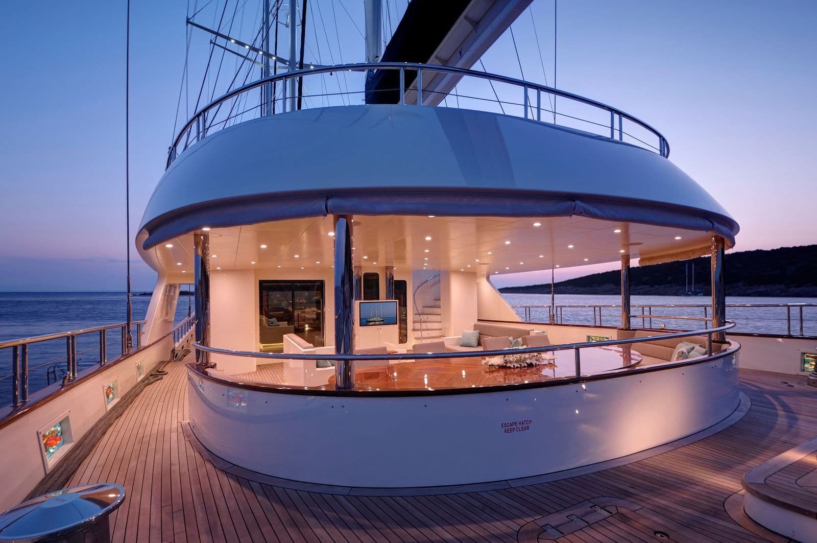 Exterior view of the upper deck saloon at dusk