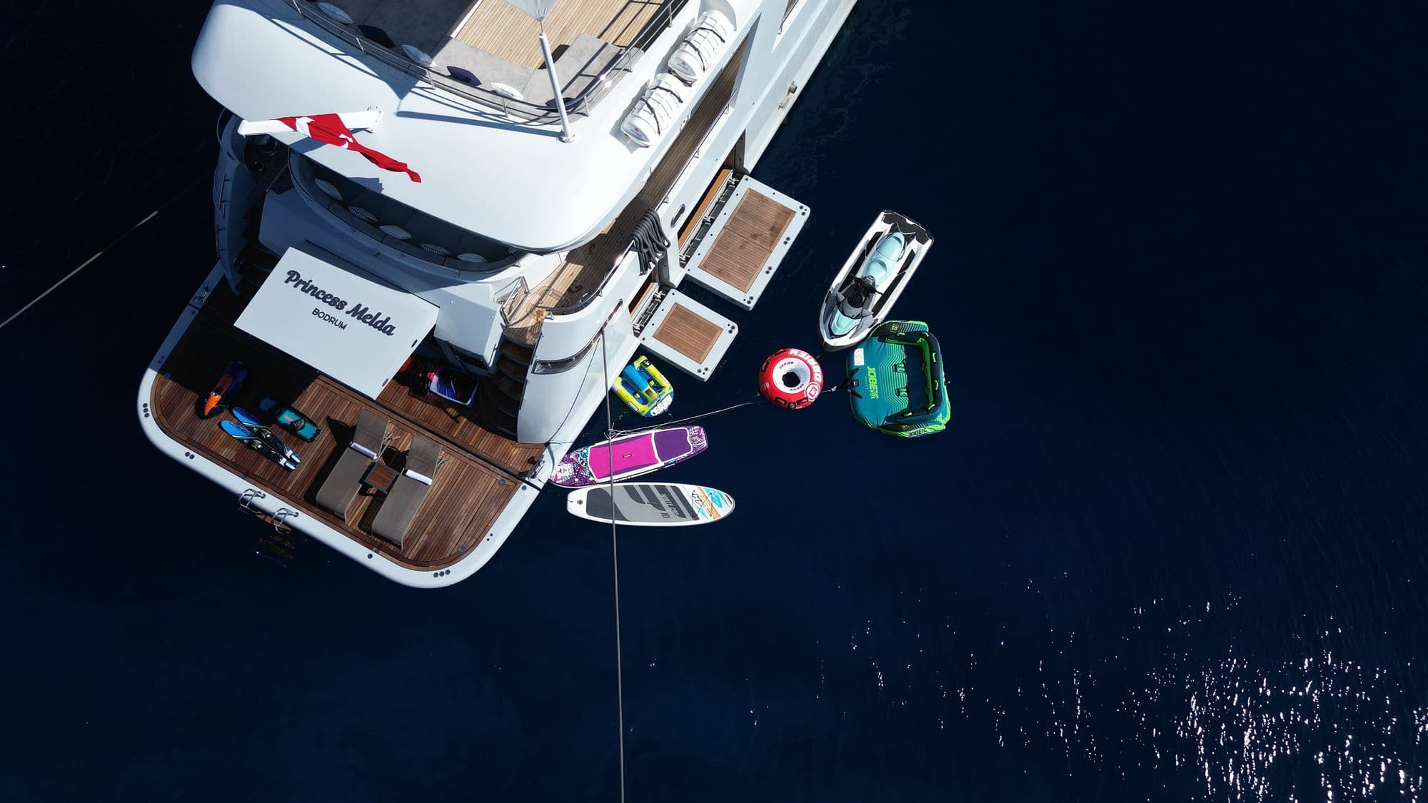 Aerial view of the swim platform and water toys