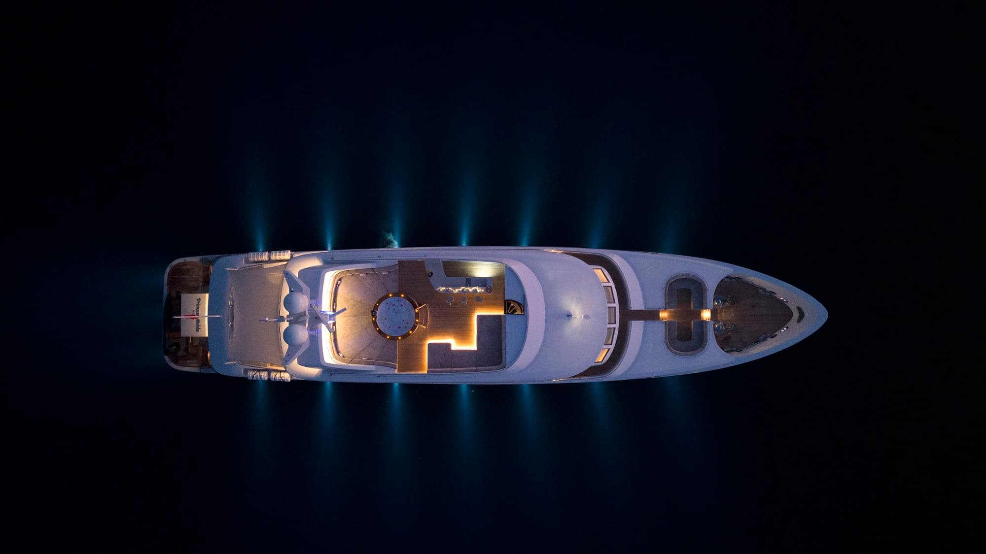 Bird's-eye view of M/Y PRINCESS MELDA at night