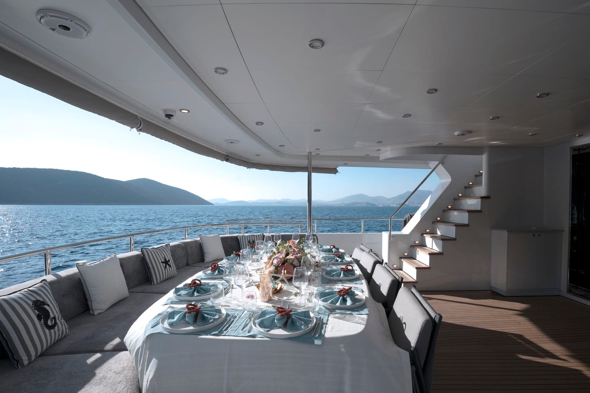 Dining table set on the aft deck