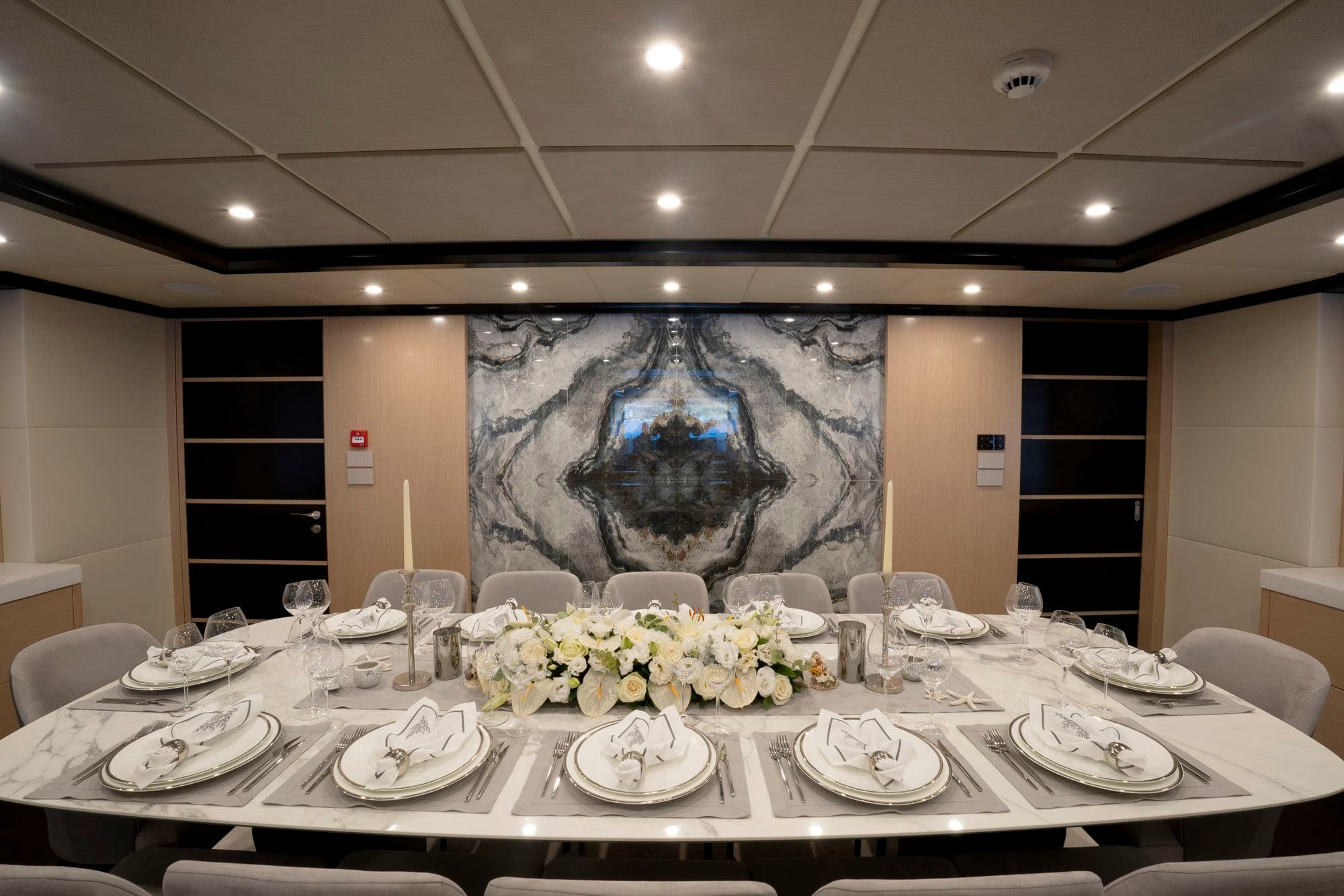 Dining table set for dinner