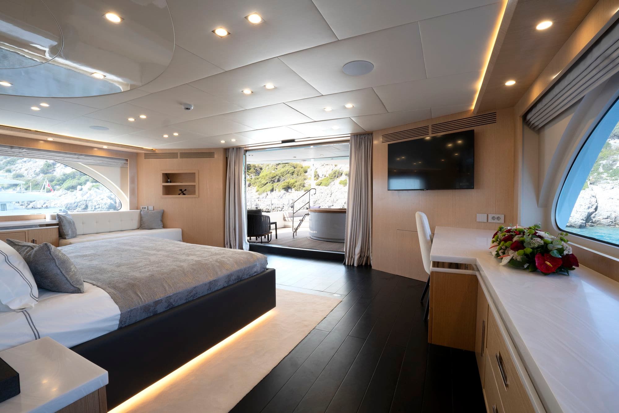 The upper deck master cabin opening onto the balcony