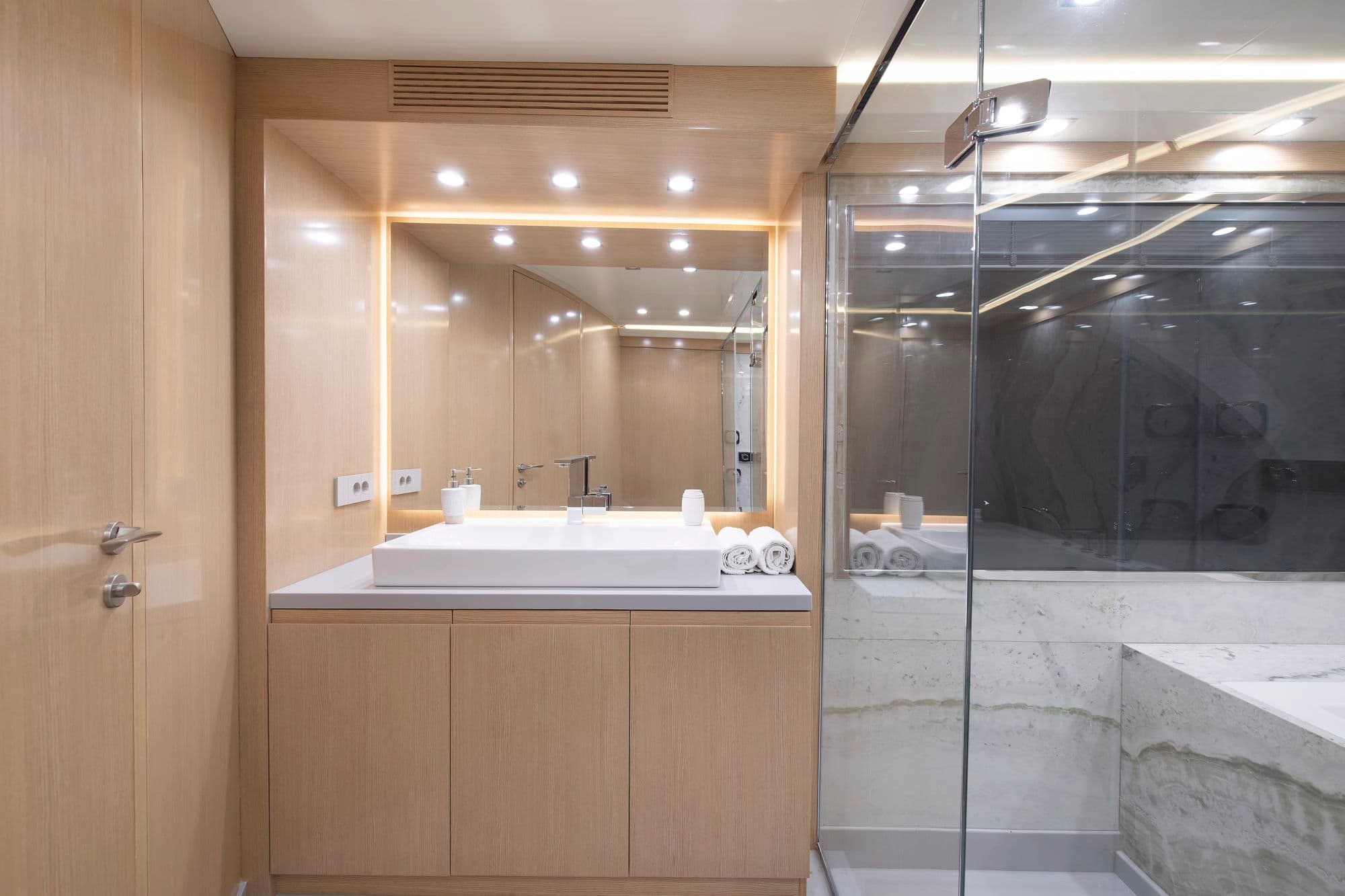 The bathroom of the upper deck master cabin