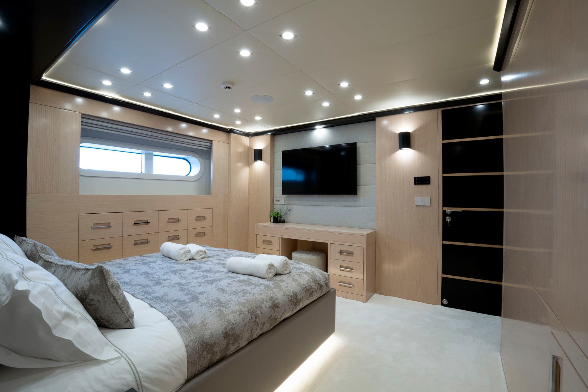 Bed and television in the VIP guest cabin