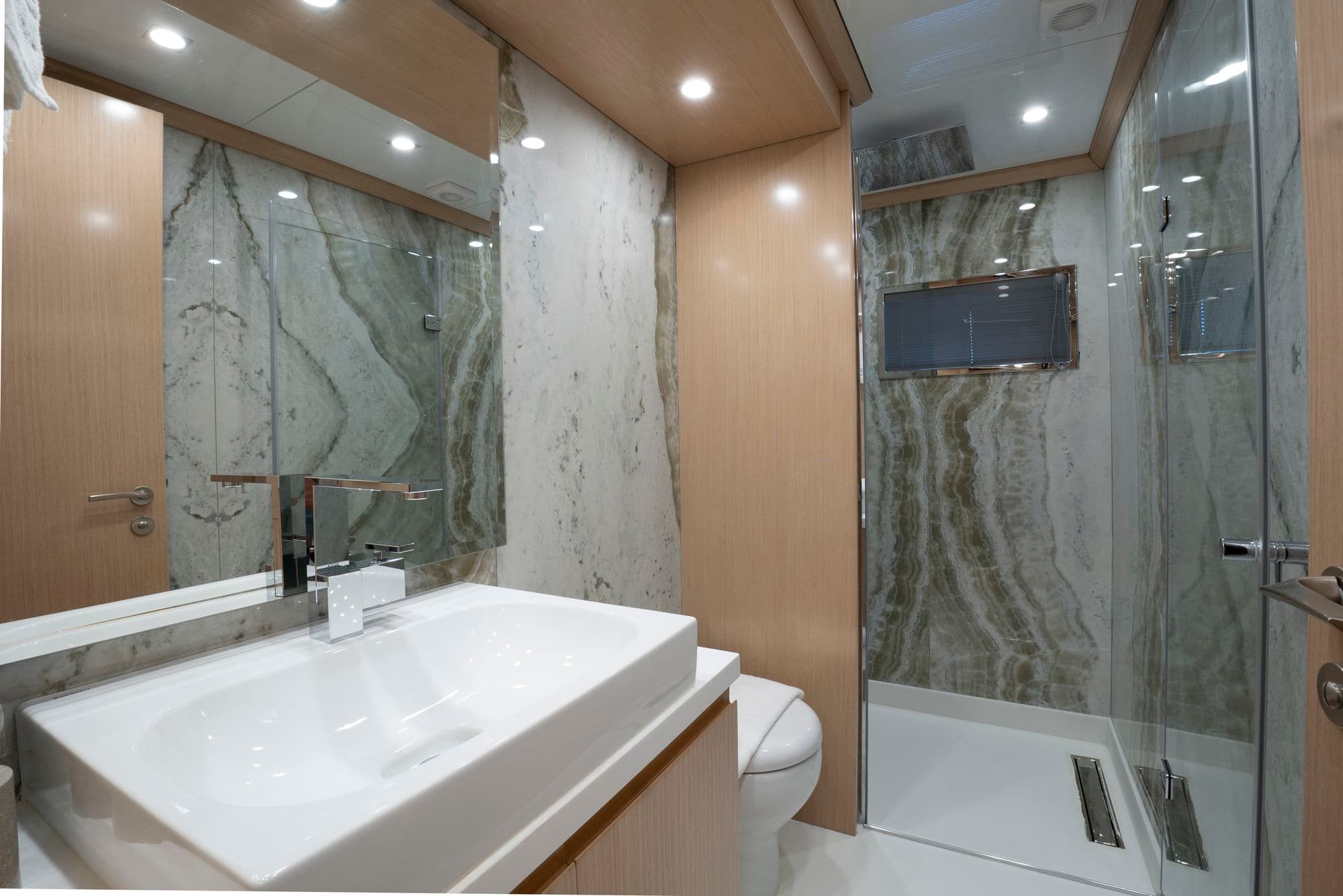 Marble-clad bathroom of the VIP cabin