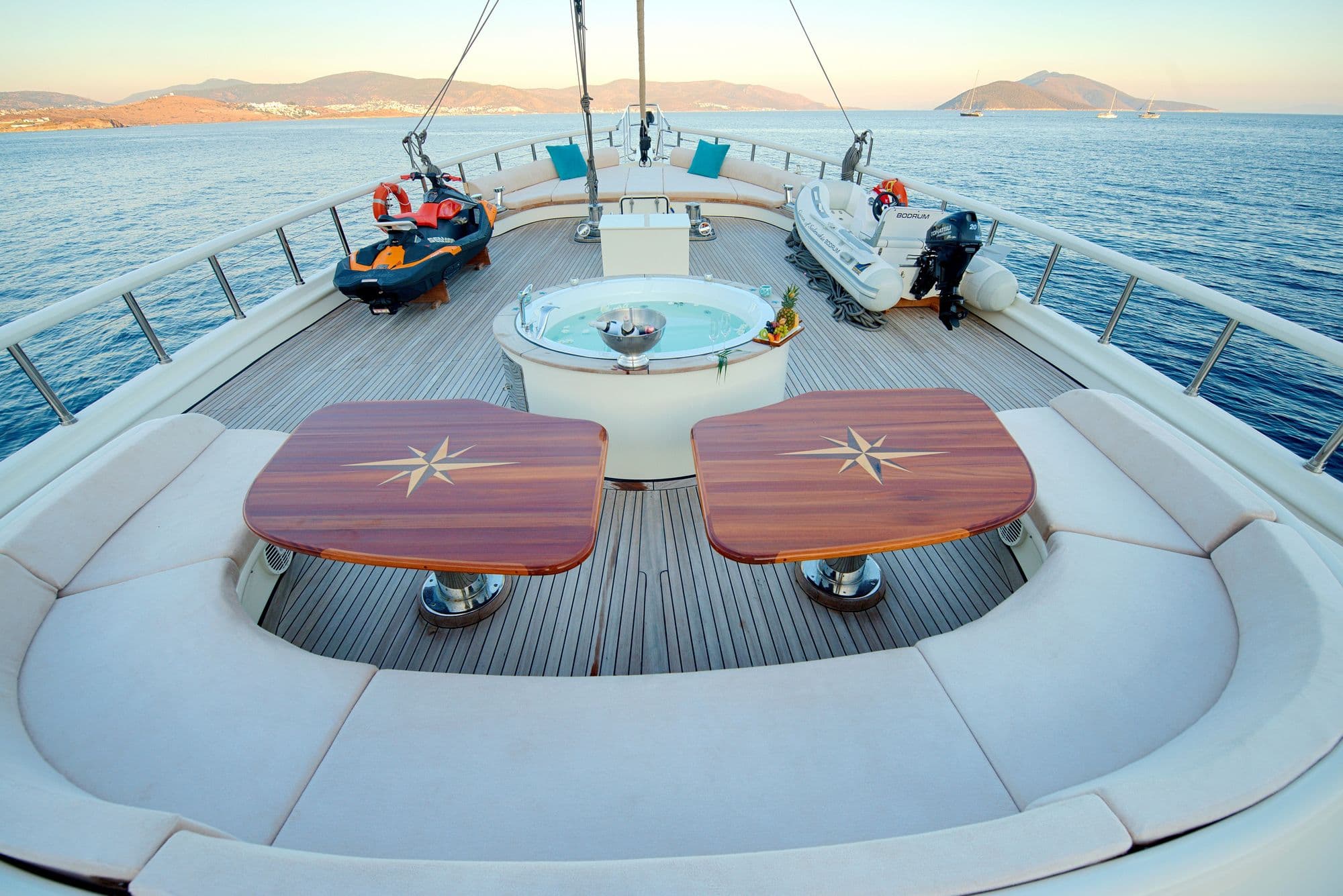 The foredeck with jacuzzi, seating area and water toys