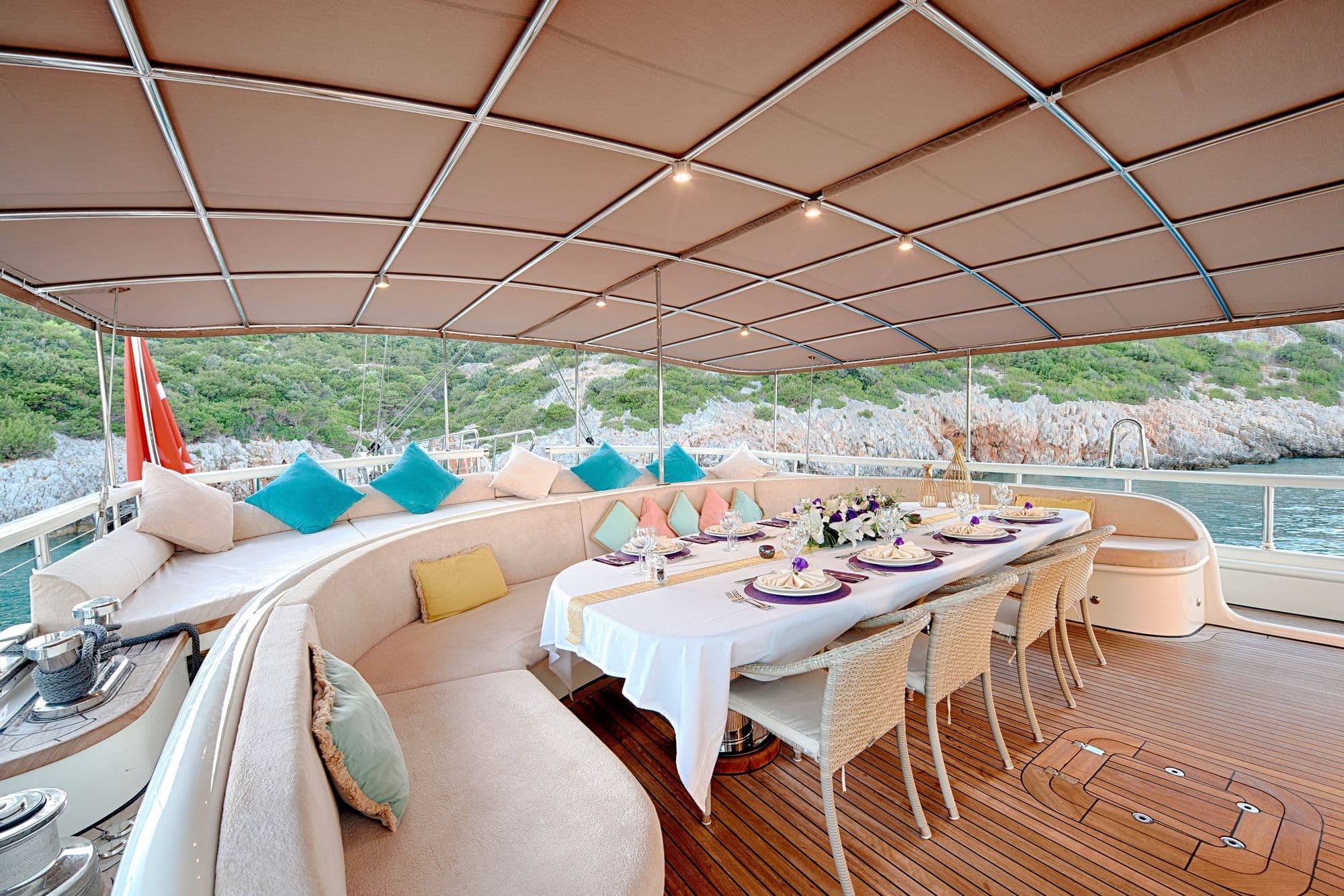 The dining table and seating group on the aft deck