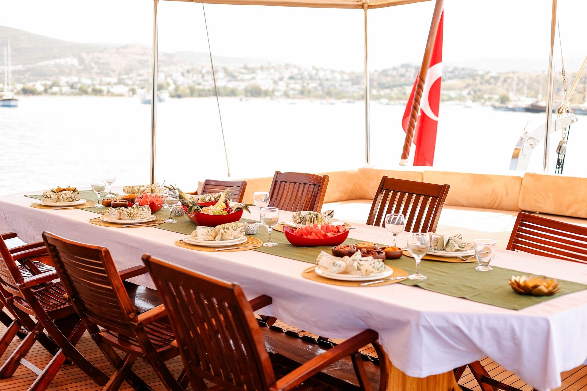 Dining table set on the aft deck