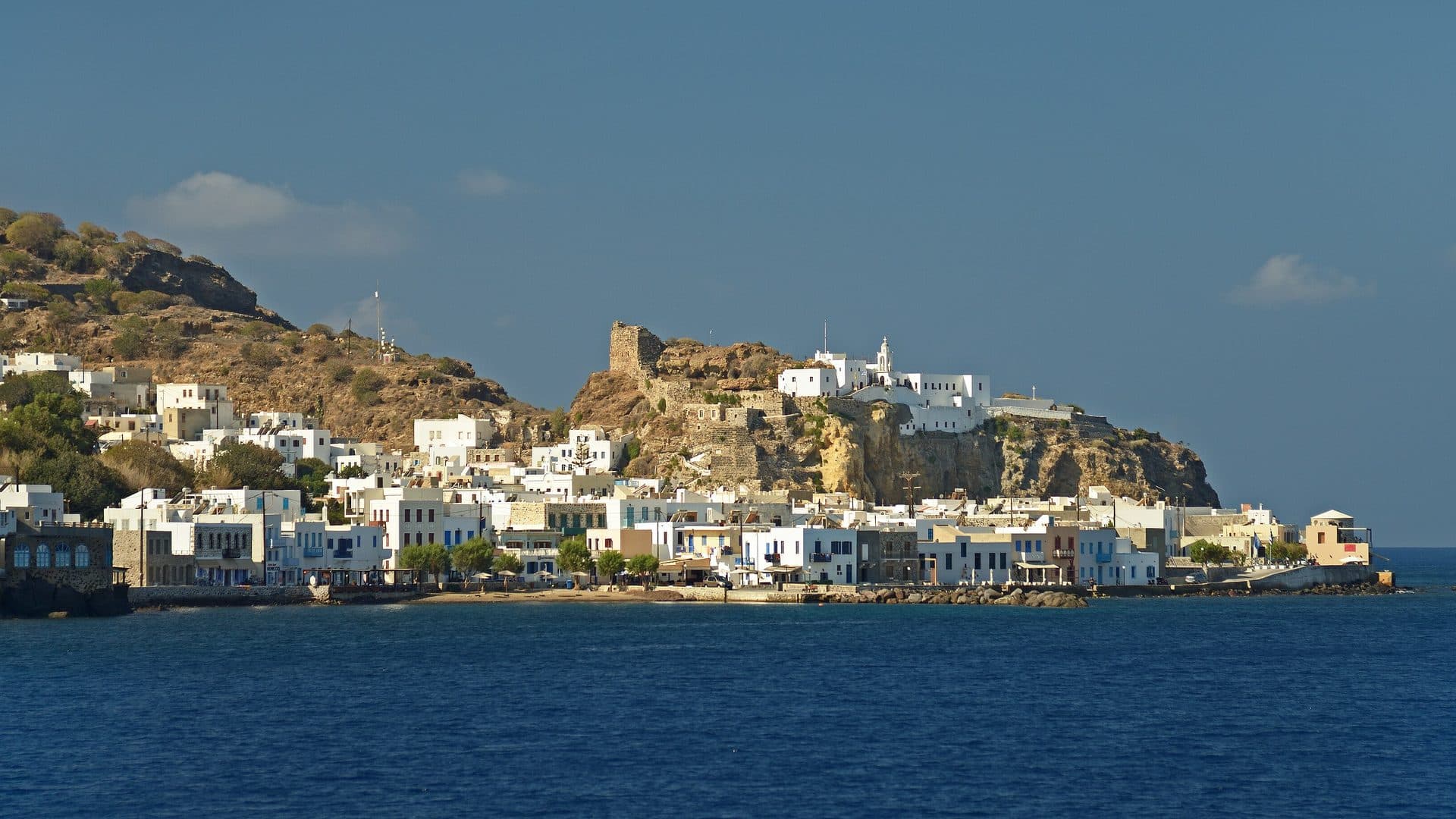 The white houses of Mandraki on Nisyros, seen from the sea