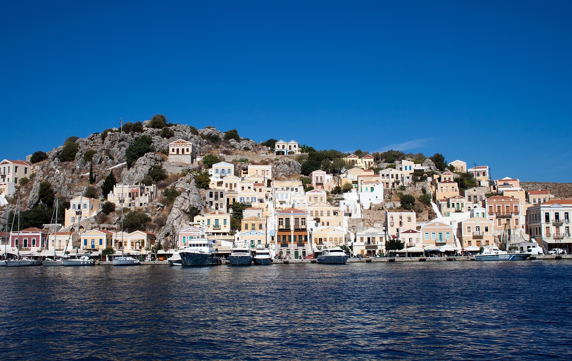 Neoclassical houses seen from Symi harbour
